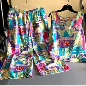 Artistic Blue and Pink Cropped Pants with Elastic Waist & Shell Top